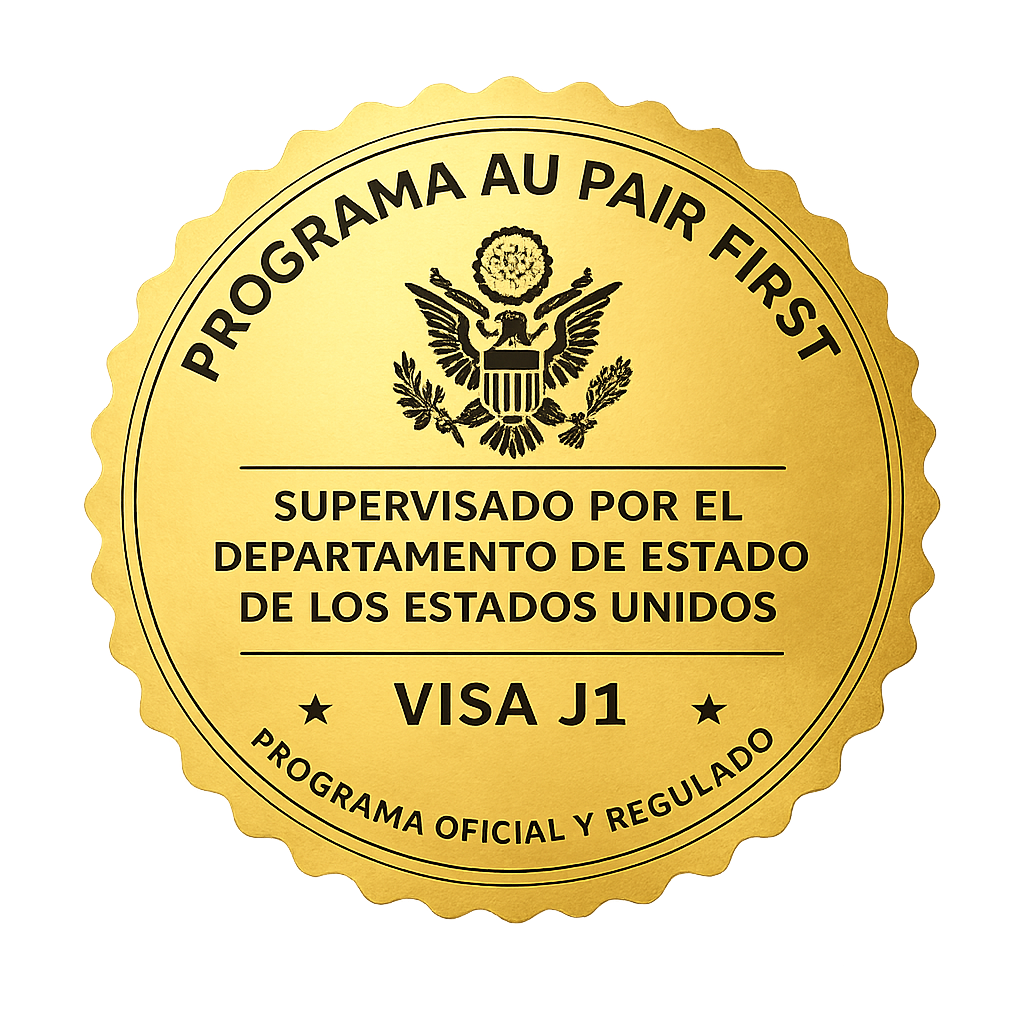 Sello del programa Au Pair oficial supervisado por el Departamento de Estado de Estados Unidos con visado J-1.